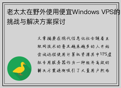 老太太在野外使用便宜Windows VPS的挑战与解决方案探讨